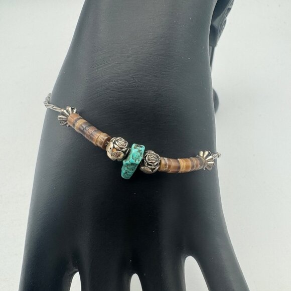 Vintage Native American Sterling Silver Bracelet Turquoise Heishi Shell Beads - Picture 1 of 6